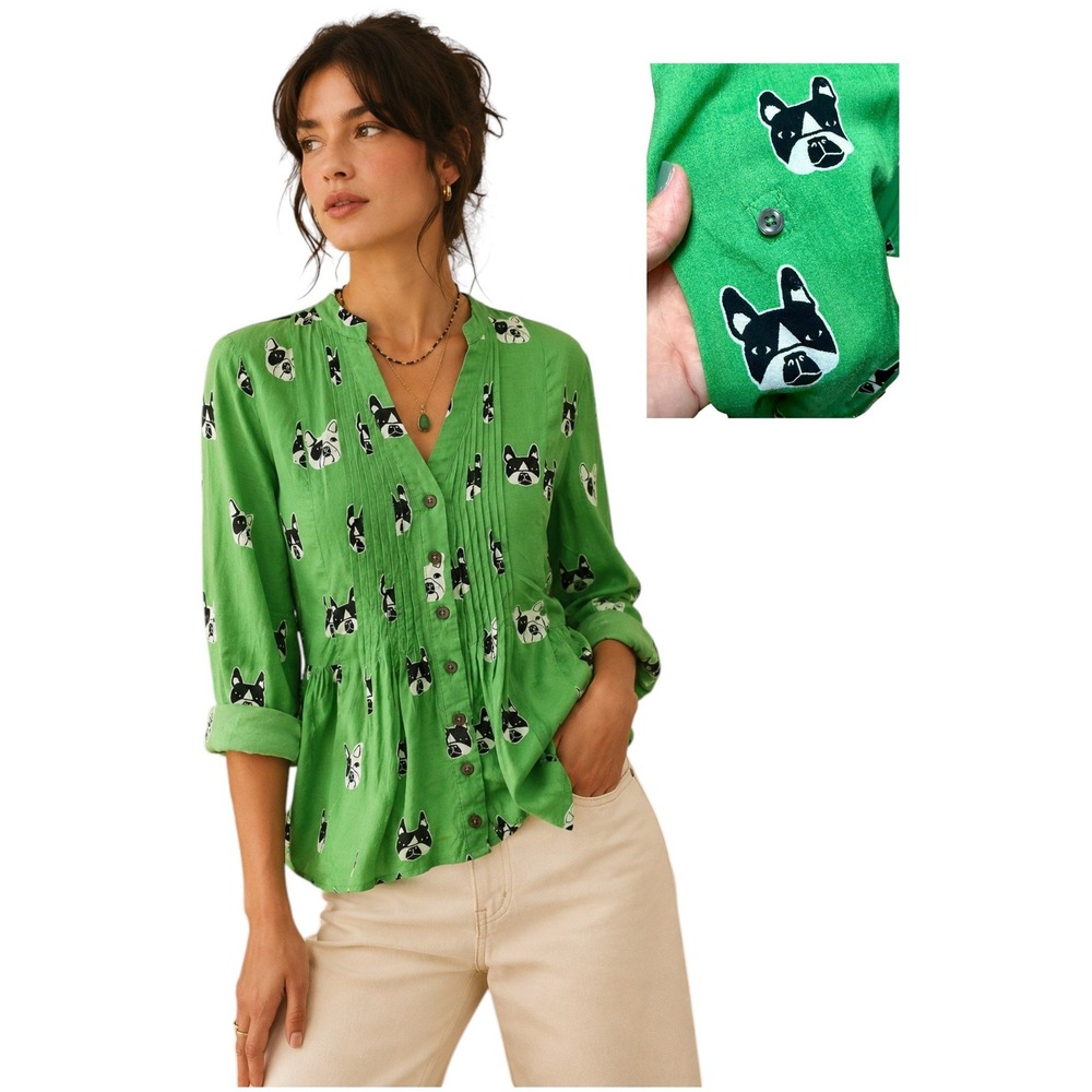 MAEVE Blouse Women 4 Green French Bulldog Frenchie Boho‎ Whimsical Dog Print